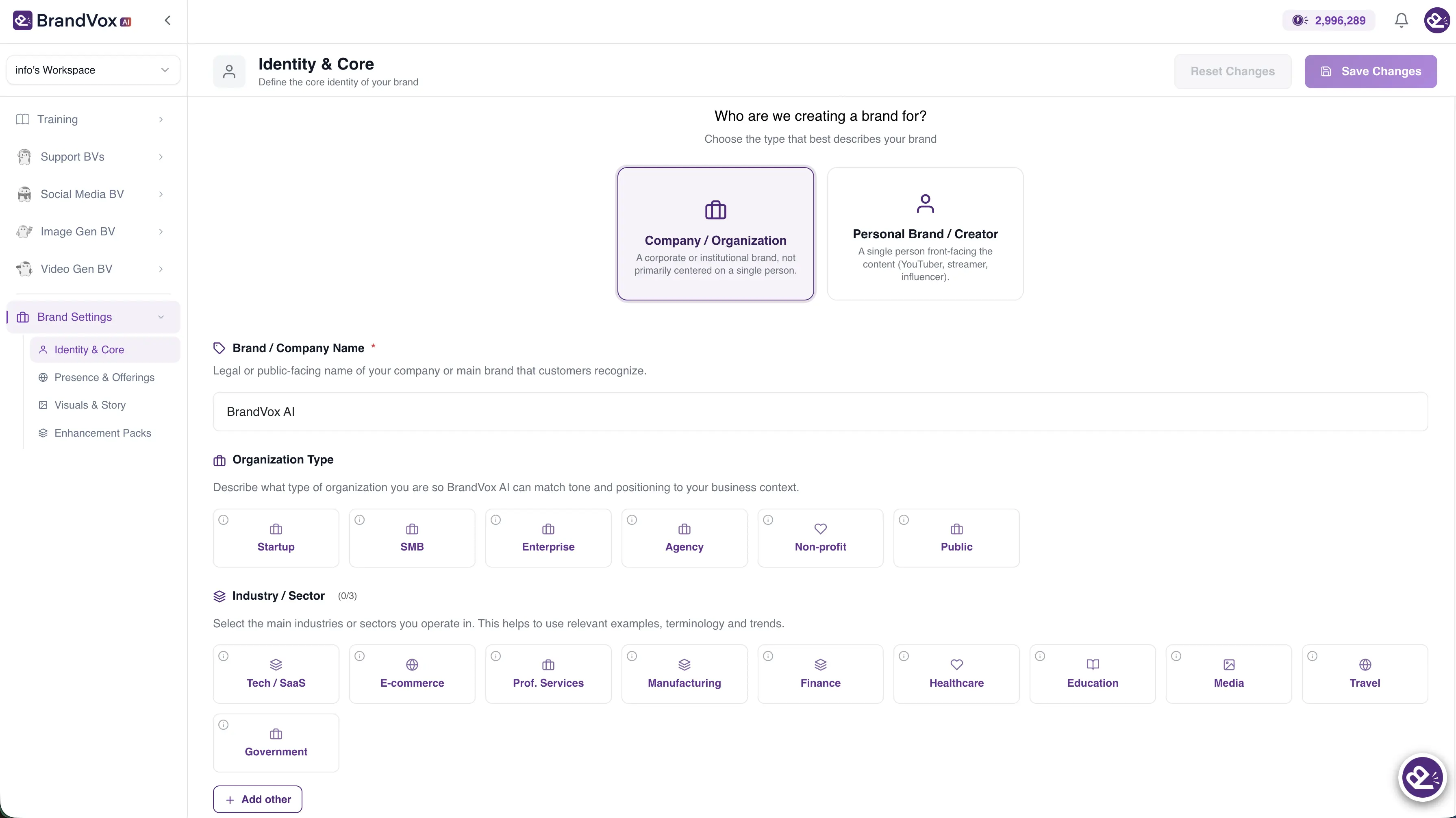 Brand setup interface
