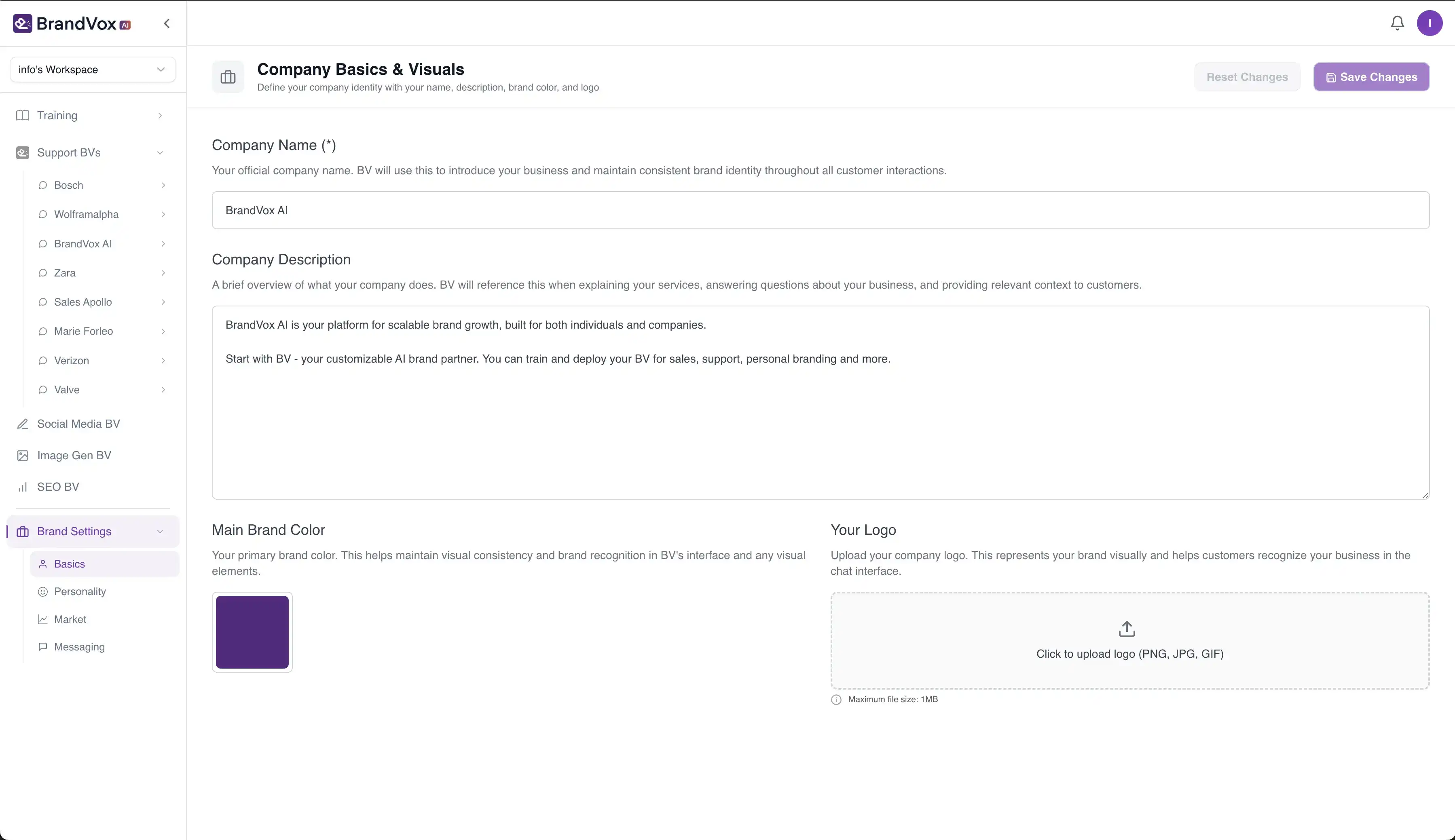 Brand setup interface